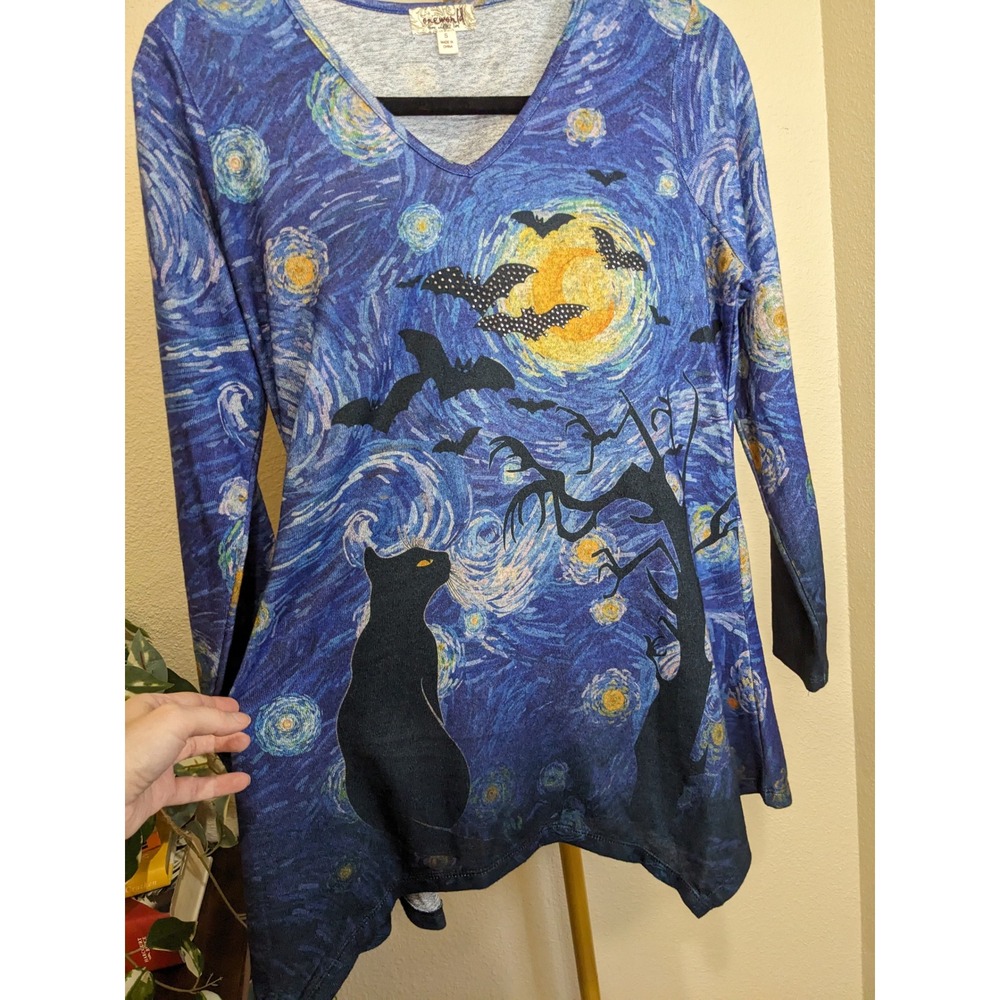 Starry Night Cat Bats Halloween Tunic Top V-Neck S